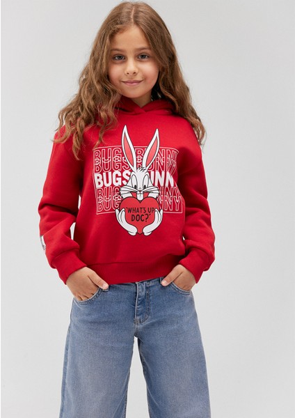 Bugs Bunny Baskılı Kapüşonlu Kırmızı Sweatshirt 7S10036-70471