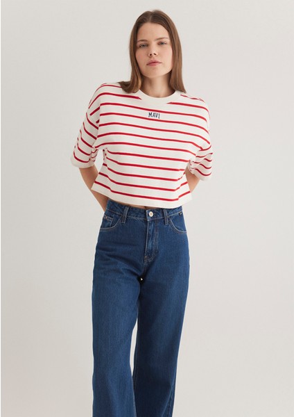 Mavi Logo Baskılı Kırmızı Çizgili Crop Tişört 1612227-86680