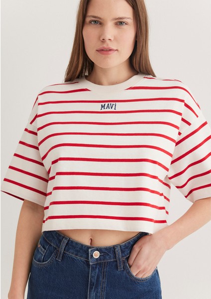 Mavi Logo Baskılı Kırmızı Çizgili Crop Tişört 1612227-86680
