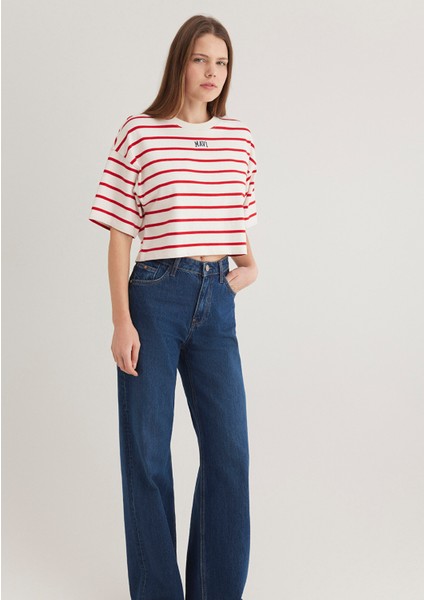 Mavi Logo Baskılı Kırmızı Çizgili Crop Tişört 1612227-86680