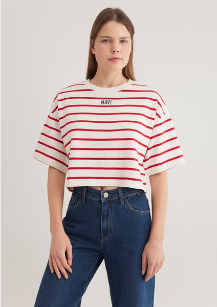 Mavi Logo Baskılı Kırmızı Çizgili Crop Tişört 1612227-86680
