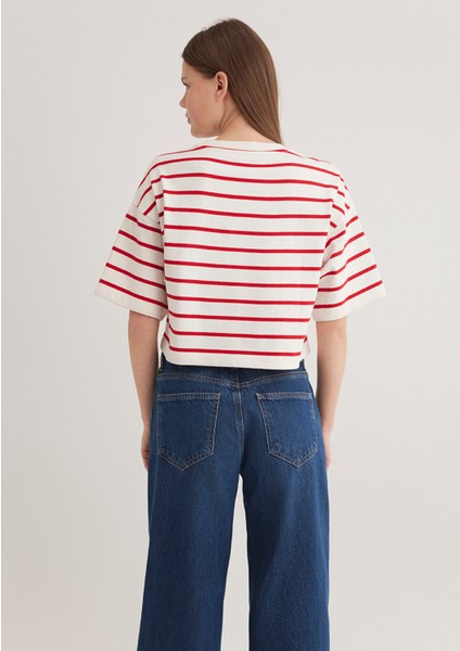 Mavi Logo Baskılı Kırmızı Çizgili Crop Tişört 1612227-86680