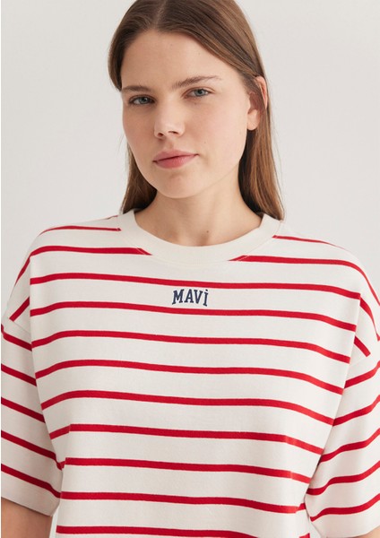 Mavi Logo Baskılı Kırmızı Çizgili Crop Tişört 1612227-86680