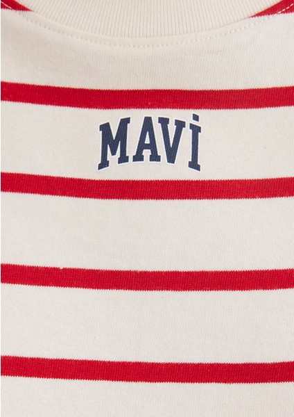 Mavi Logo Baskılı Kırmızı Çizgili Crop Tişört 1612227-86680