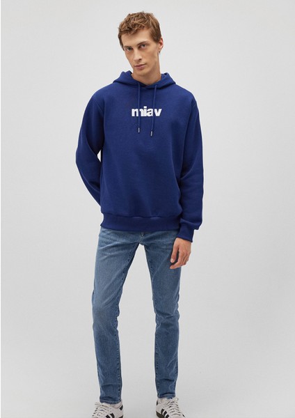 Erkek Mavi Logo Baskılı Kapüşonlu Mavi Sweatshirt 0S10001-70722