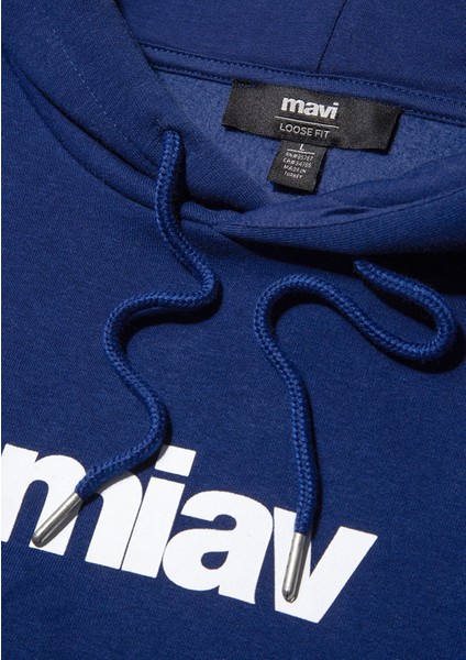 Erkek Mavi Logo Baskılı Kapüşonlu Mavi Sweatshirt 0S10001-70722