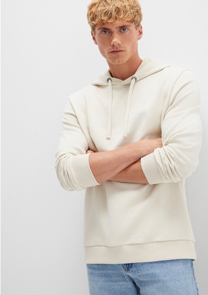 Mavi Logo Baskılı Kapüşonlu Bej Sweatshirt 065606-70134