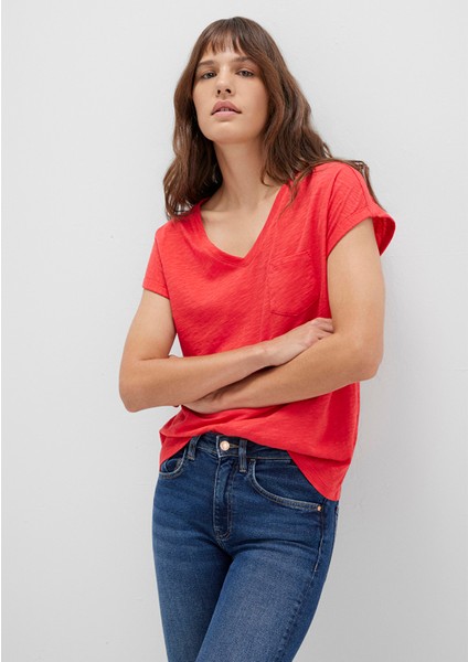 V Yaka Kırmızı Basic Tişört 1600961-71083