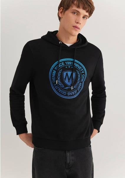Mühür Logo Baskılı Kapüşonlu Siyah Sweatshirt 0611721-900
