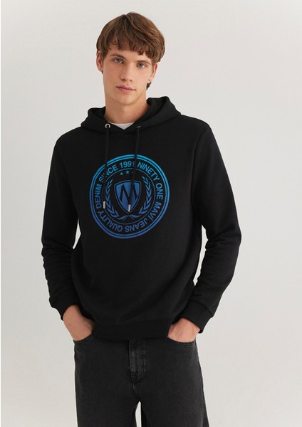 Mühür Logo Baskılı Kapüşonlu Siyah Sweatshirt 0611721-900