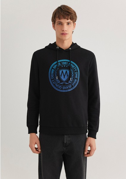 Mühür Logo Baskılı Kapüşonlu Siyah Sweatshirt 0611721-900
