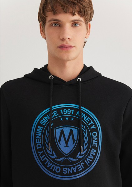 Mühür Logo Baskılı Kapüşonlu Siyah Sweatshirt 0611721-900