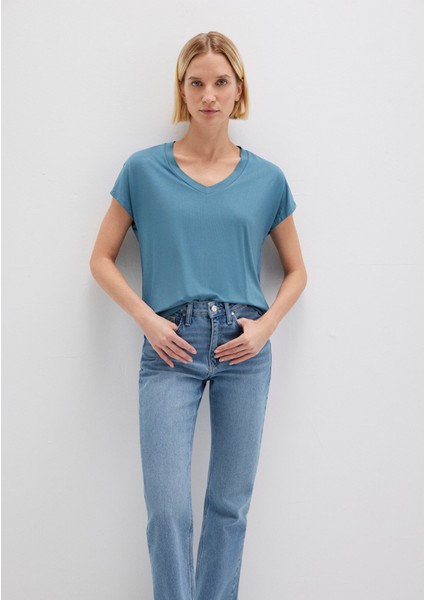 V Yaka Mavi Basic Viskoz Tişört 167714-70753