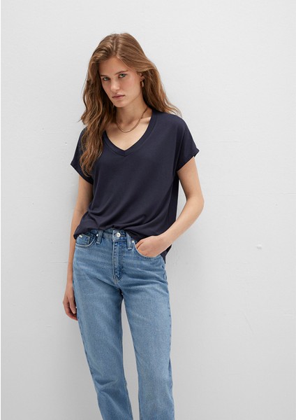 V Yaka Lacivert Basic Viskoz Tişört 167714-85315