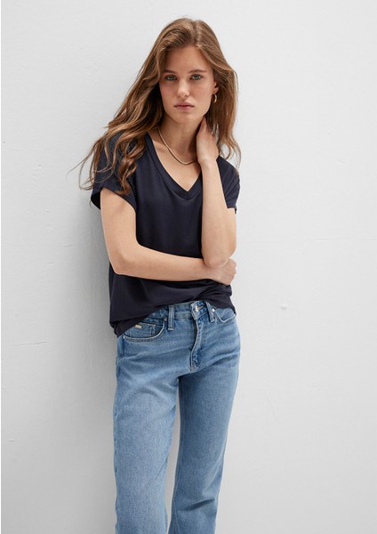 V Yaka Lacivert Basic Viskoz Tişört 167714-85315