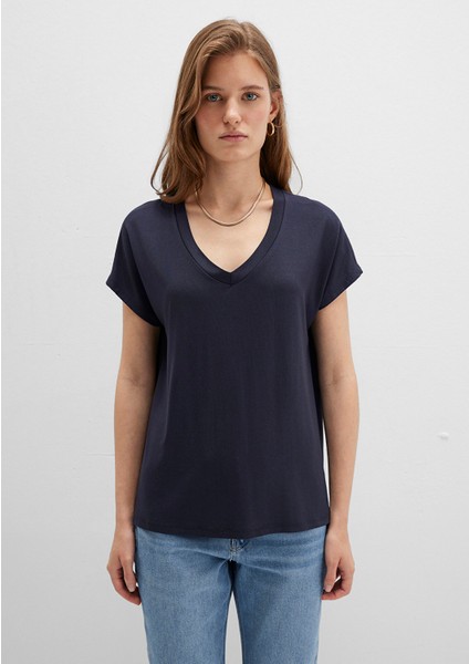 V Yaka Lacivert Basic Viskoz Tişört 167714-85315