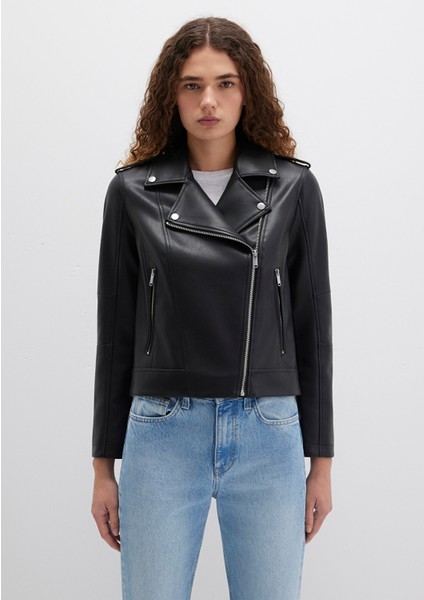Biker Yaka Siyah Suni Deri Ceket 1110221-900