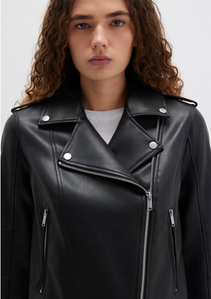 Biker Yaka Siyah Suni Deri Ceket 1110221-900