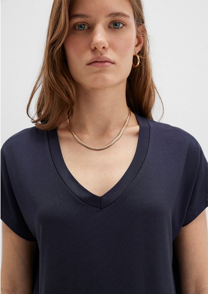 V Yaka Lacivert Basic Viskoz Tişört 167714-85315