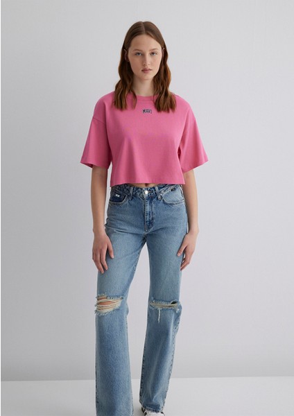 Mavi Logo Baskılı Pembe Crop Tişört 1611585-84670
