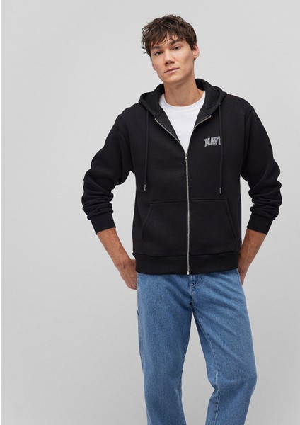 Logo Baskılı Fermuarlı Siyah Sweatshirt