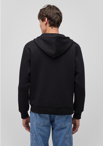 Logo Baskılı Fermuarlı Siyah Sweatshirt