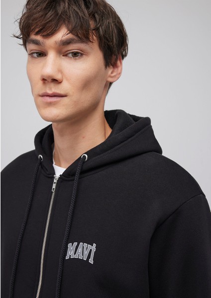 Logo Baskılı Fermuarlı Siyah Sweatshirt