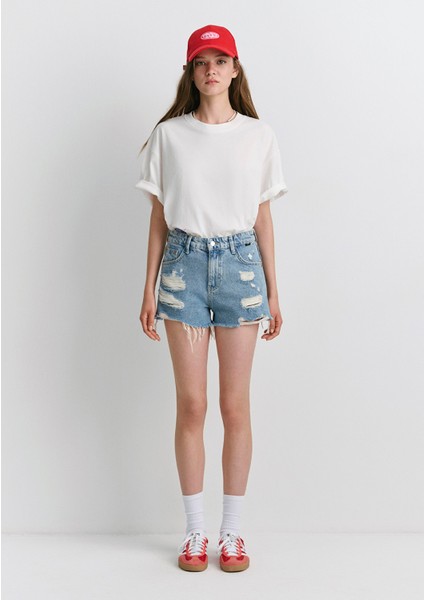 Tyra 90lar Yırtıklı Açık Mavi Jean Şort 1410011-84425