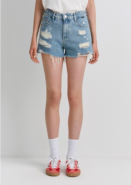 Tyra 90lar Yırtıklı Açık Mavi Jean Şort 1410011-84425