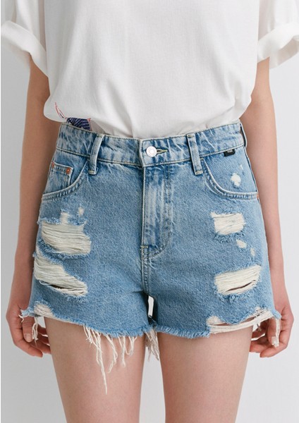 Tyra 90lar Yırtıklı Açık Mavi Jean Şort 1410011-84425