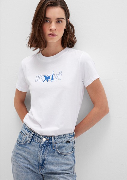 Mavi Kedi Logo Baskılı Beyaz Tişört 1611478-620
