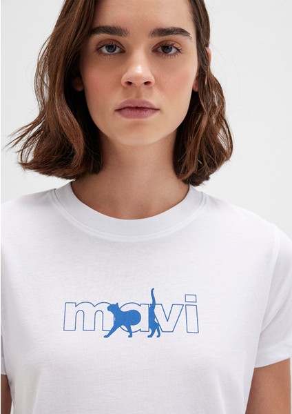 Mavi Kedi Logo Baskılı Beyaz Tişört 1611478-620
