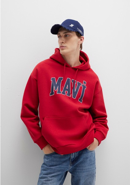 Mavi Logo Baskılı Kapüşonlu Kırmızı Sweatshirt 067149-70464