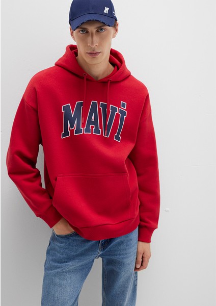 Mavi Logo Baskılı Kapüşonlu Kırmızı Sweatshirt 067149-70464