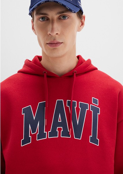Mavi Logo Baskılı Kapüşonlu Kırmızı Sweatshirt 067149-70464