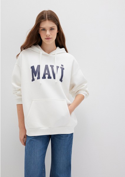 Mavi Logo Baskılı Kapüşonlu Beyaz Sweatshirt 1600361-81964