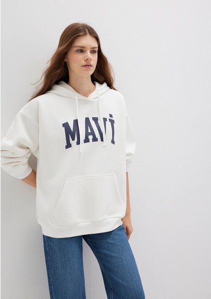 Mavi Logo Baskılı Kapüşonlu Beyaz Sweatshirt 1600361-81964