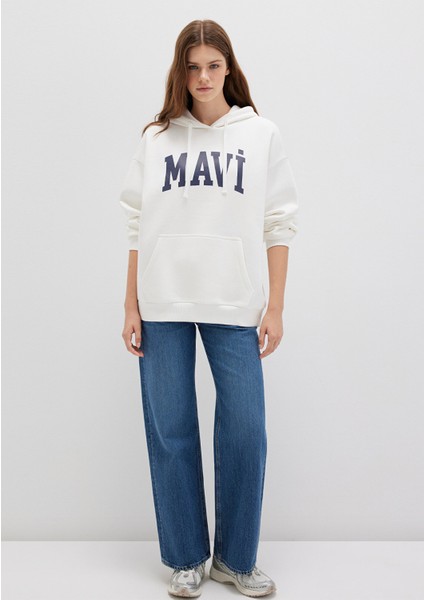 Mavi Logo Baskılı Kapüşonlu Beyaz Sweatshirt 1600361-81964