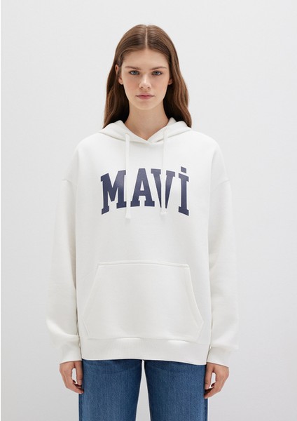 Mavi Logo Baskılı Kapüşonlu Beyaz Sweatshirt 1600361-81964