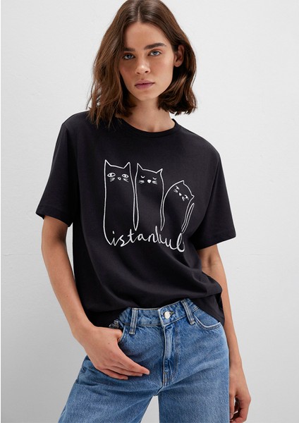 Kedi Baskılı Antrasit İstanbul Tişört 1610674-70087