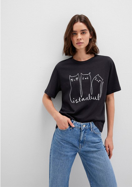 Kedi Baskılı Antrasit İstanbul Tişört 1610674-70087
