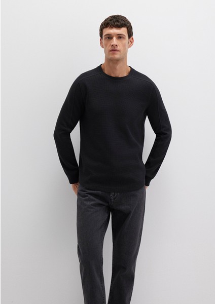 Uzun Kollu Dokulu Siyah Basic Tişört 0610106-900