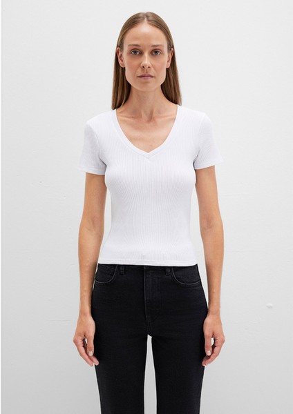 Beyaz Basic V Yaka Tişört 1601040-620