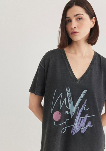 Mavi Baskılı Antrasit İstanbul Tişört 1601176-900