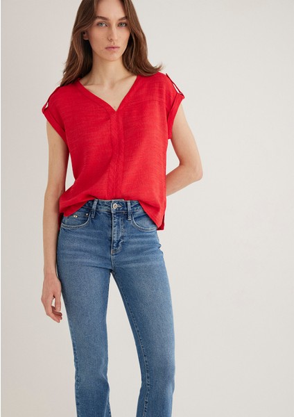 V Yaka Kırmızı Bluz 122504-30648