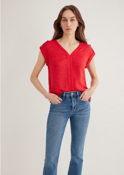 V Yaka Kırmızı Bluz 122504-30648