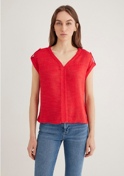 V Yaka Kırmızı Bluz 122504-30648