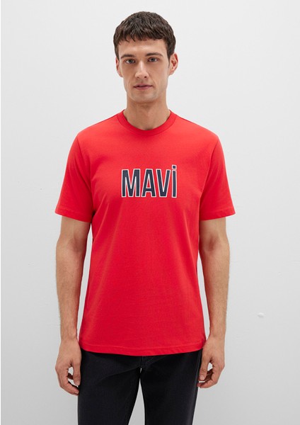 Mavi Logo Baskılı Kırmızı Tişört 066842-33099