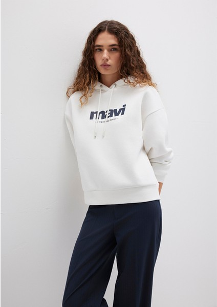 Mavi Logo Baskılı Kapüşonlu Ekru Sweatshirt 168334-81964