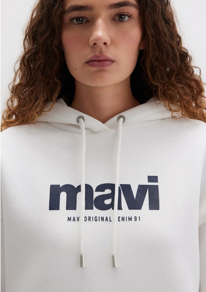 Mavi Logo Baskılı Kapüşonlu Ekru Sweatshirt 168334-81964